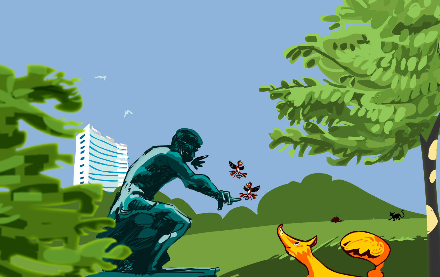 Illustration pour jeu sur le parc Josaphat: la sculpture de Borée et la tour Brusilia.